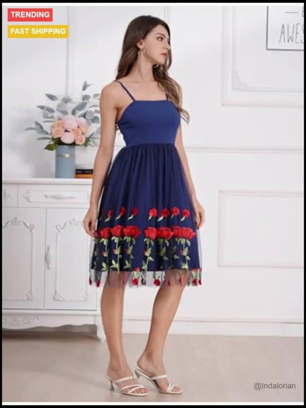 Spaghetti Strap Floral Embroidered Tulle Prom Cocktail Party Dress